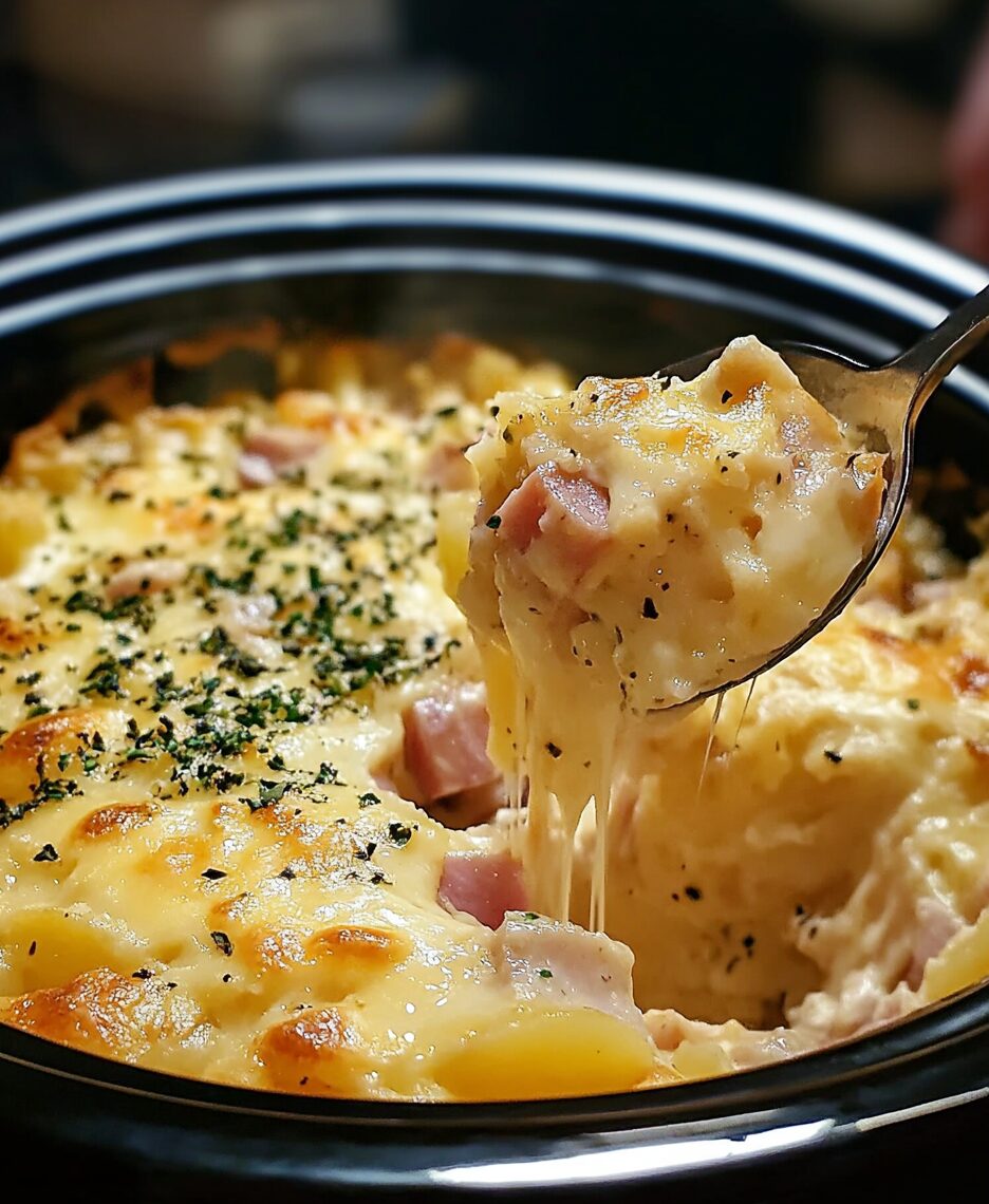 Cheesy Crockpot Ham and Potato Casserole