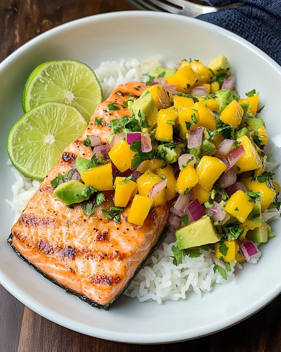 Grilled Lime Salmon with Avocado Mango Salsa and Coconut Rice
