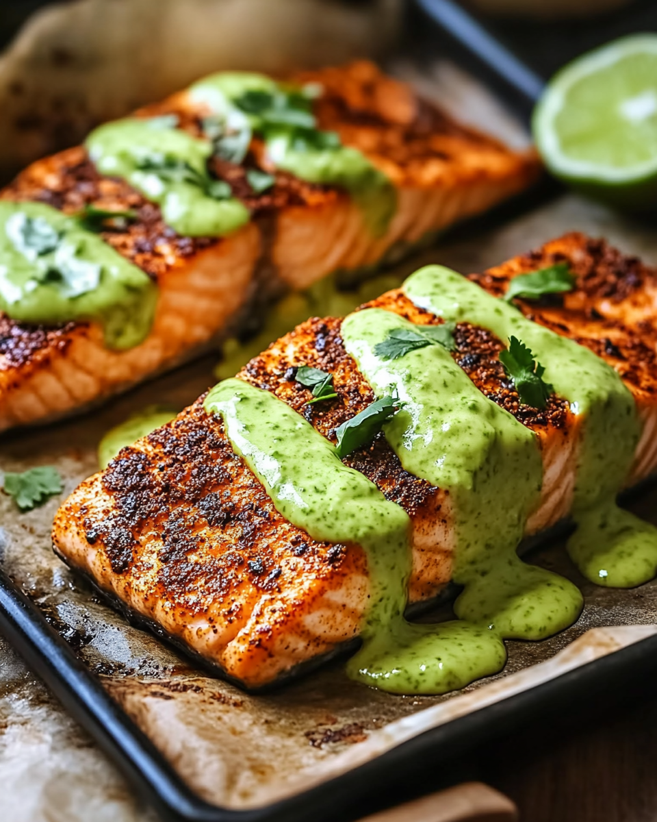 Baked Cajun Salmon with Creamy Avocado Lime Sauce