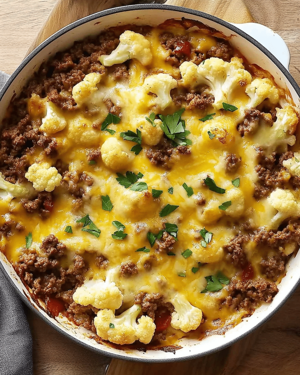 Cheesy Ground Beef Cauliflower Casserole