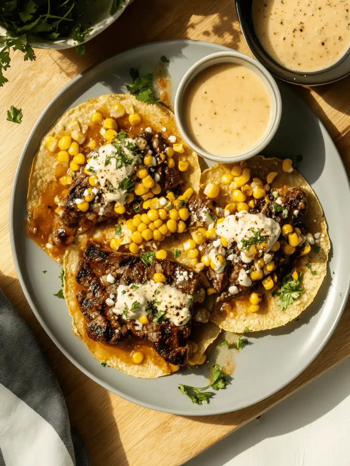 Juicy grilled steak with fresh roasted corn