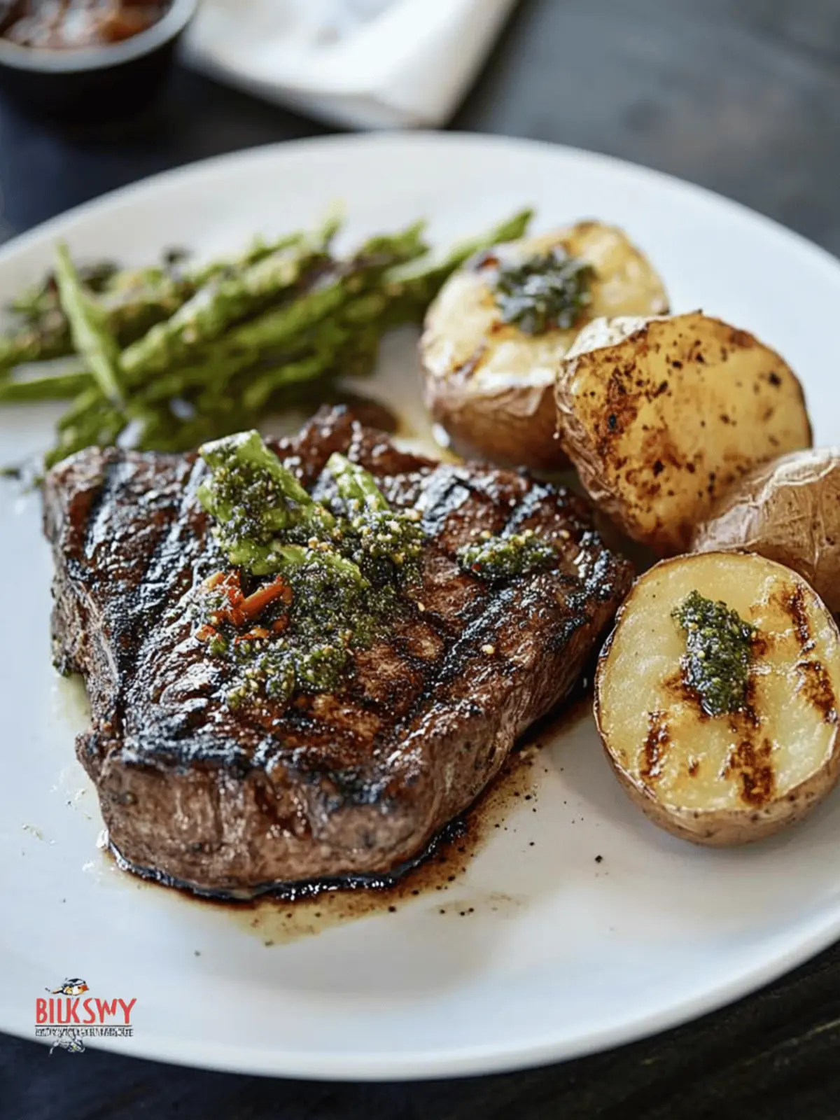 Grilled Bone-In Bison Steaks with Crisped Potatoes