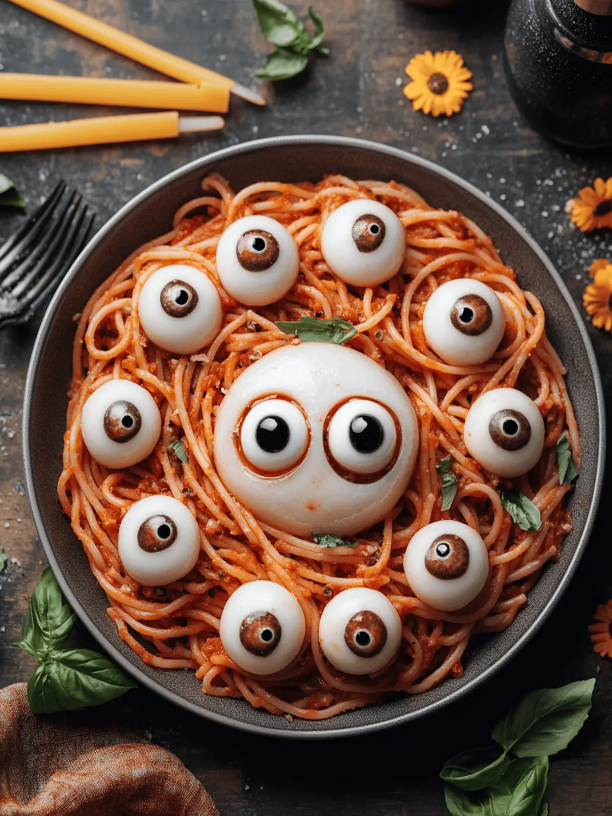 Spaghetti with Mozzarella Eyeballs