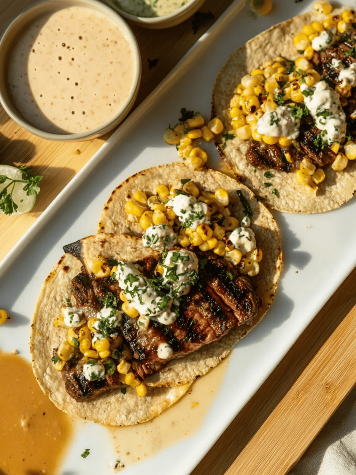 Juicy grilled steak with fresh roasted corn