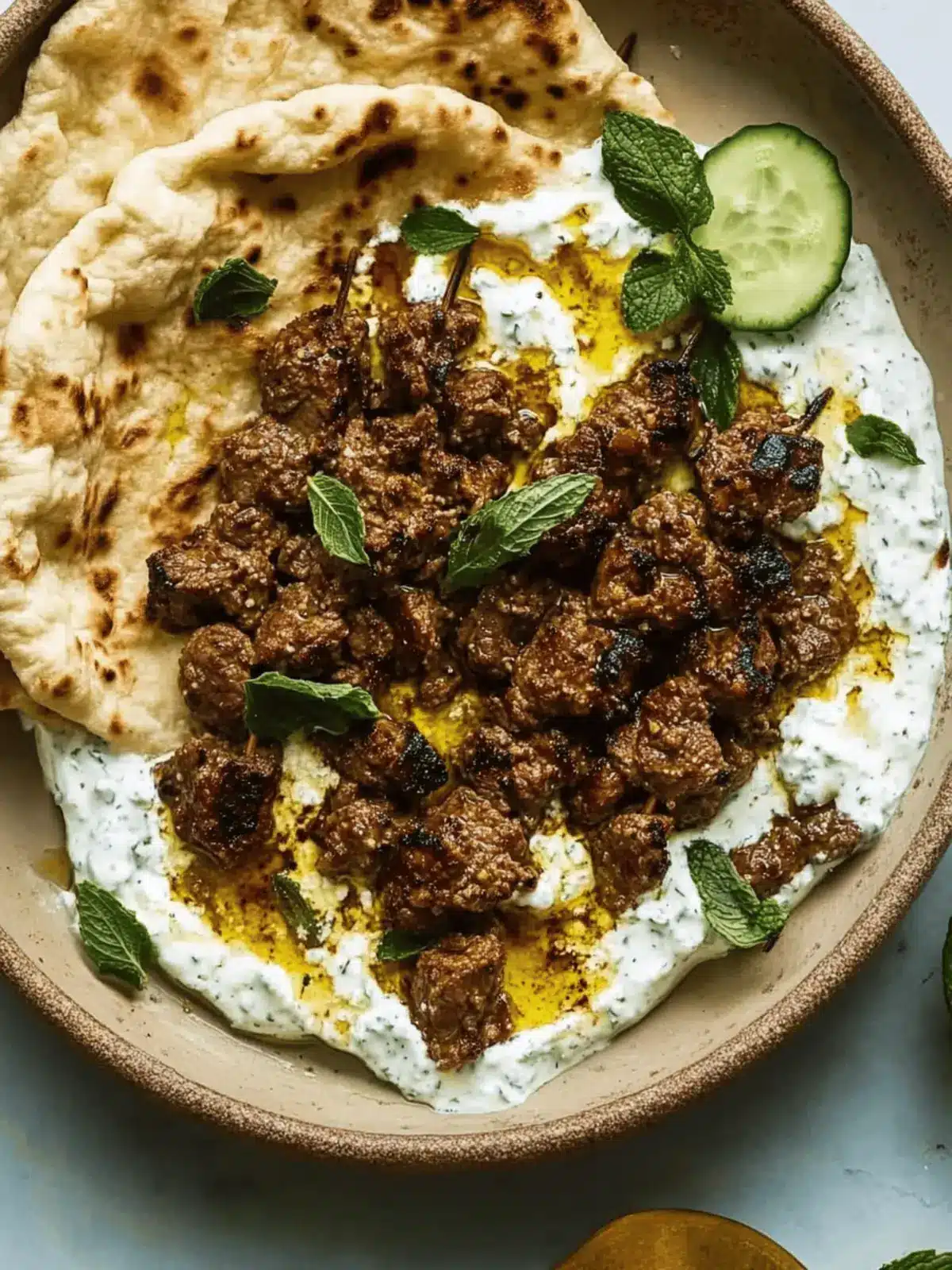 Smashed Beef Kebab With Cucumber Yogurt