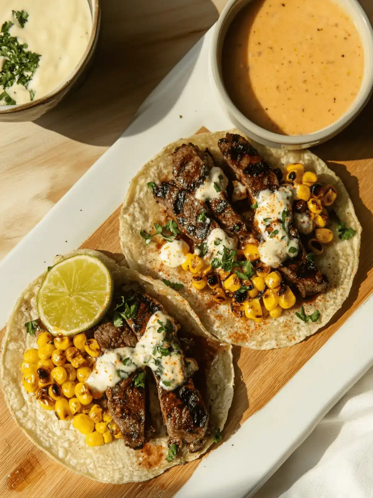 Juicy grilled steak with fresh roasted corn