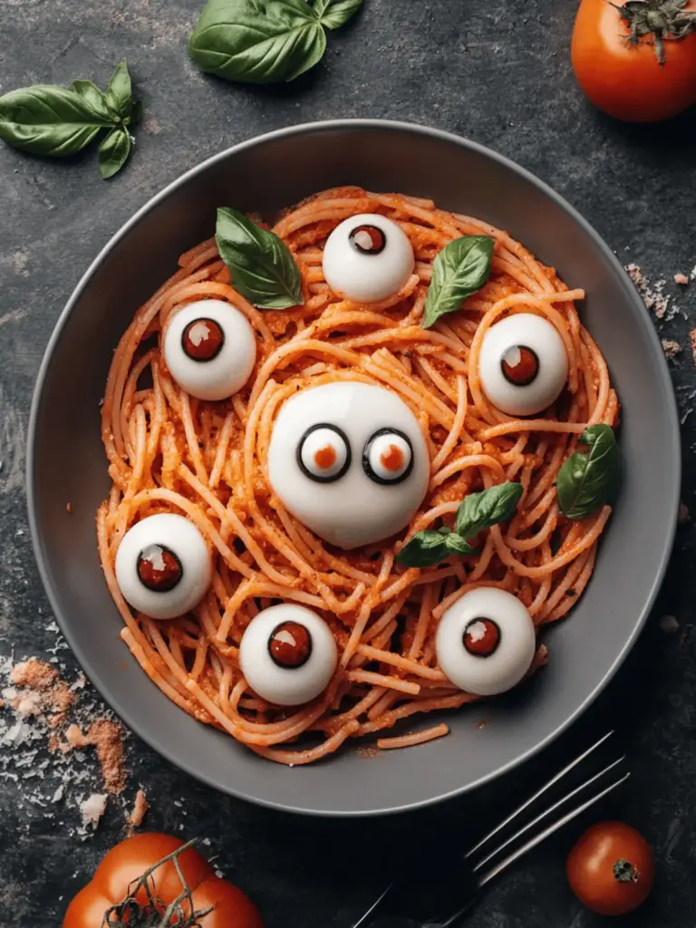 Spaghetti with Mozzarella Eyeballs