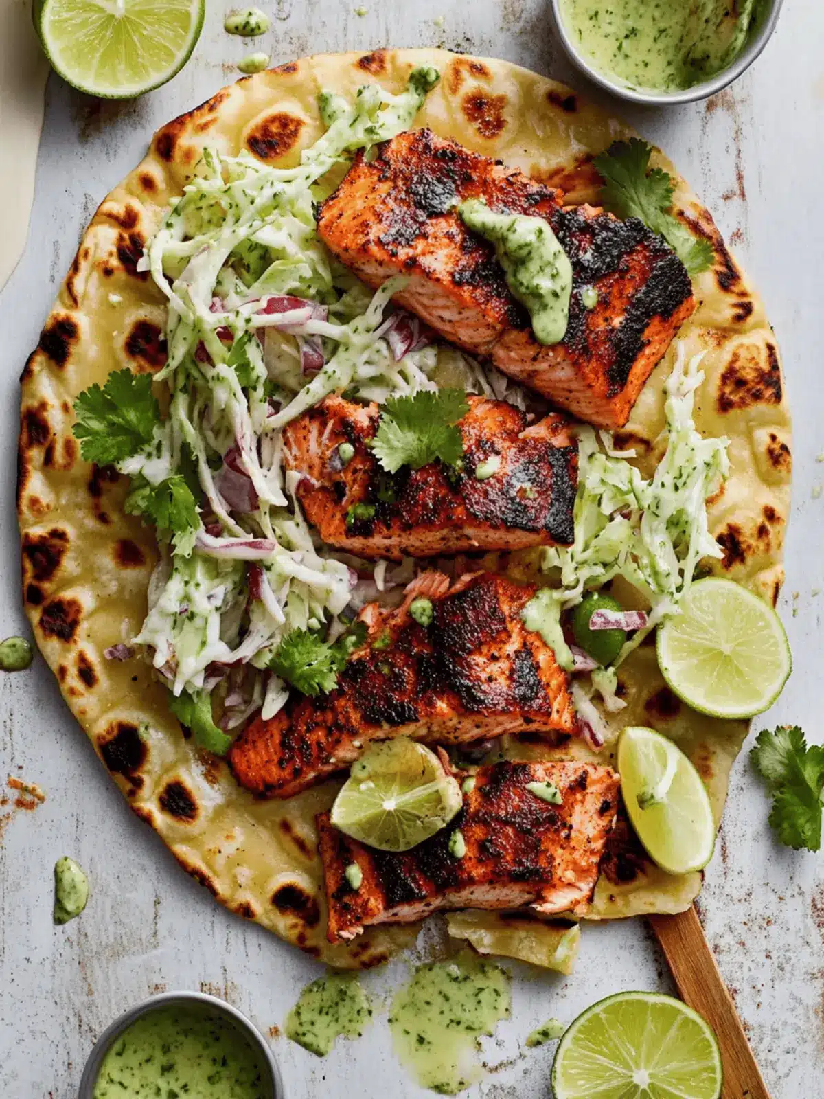 Blackened Salmon with Grilled Naan and Lime Slaw
