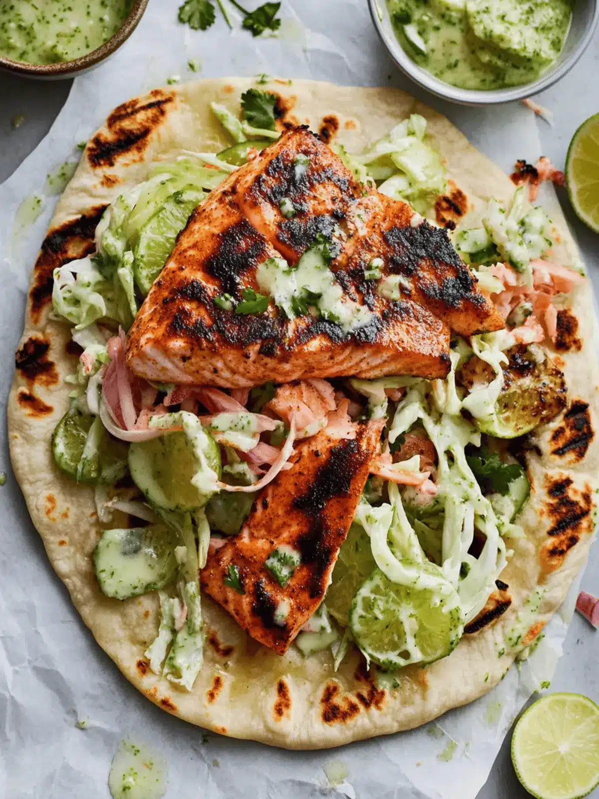 Blackened Salmon with Grilled Naan and Lime Slaw