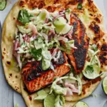 Blackened Salmon with Grilled Naan and Lime Slaw
