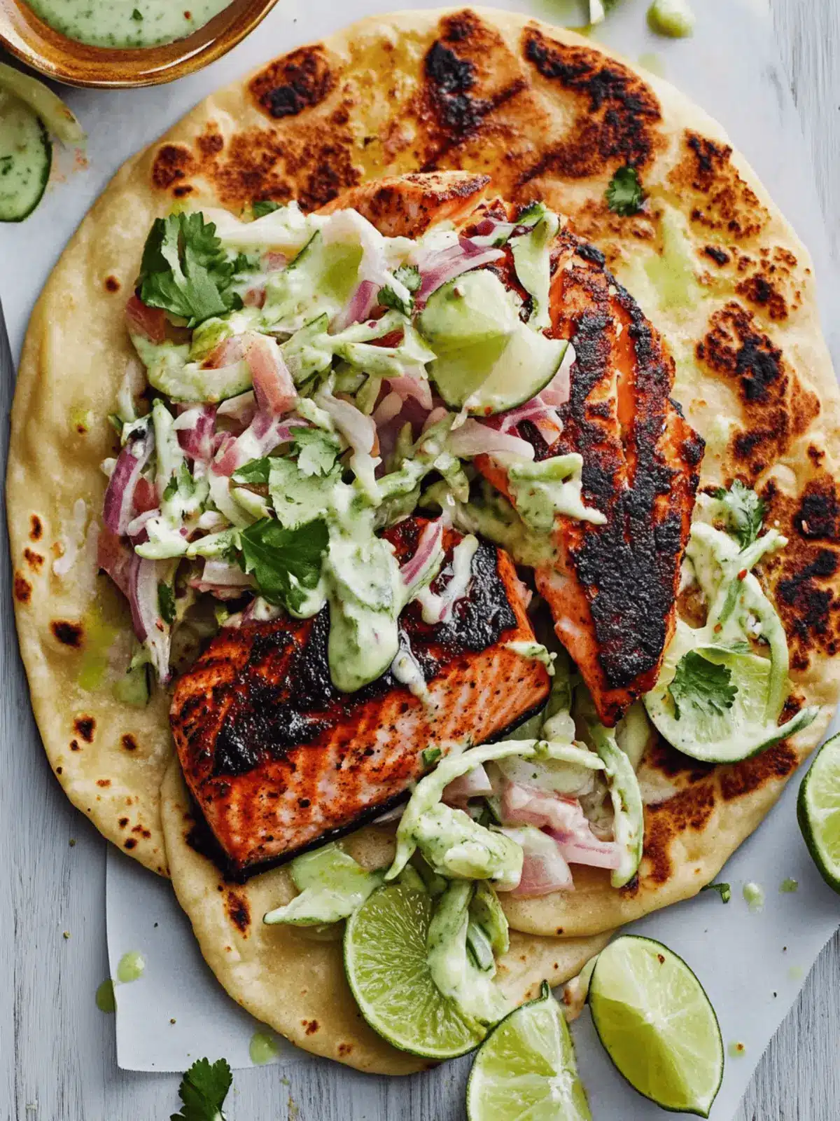 Blackened Salmon with Grilled Naan and Lime Slaw