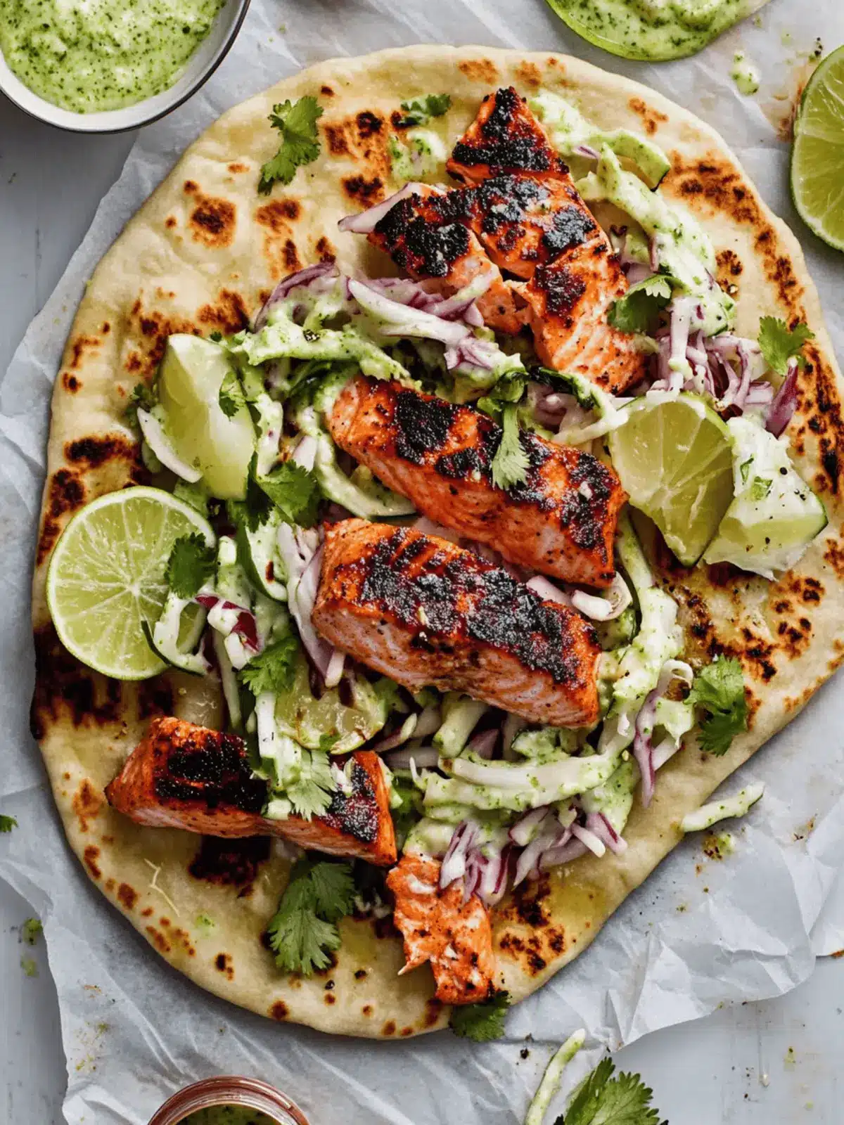 Blackened Salmon with Grilled Naan and Lime Slaw