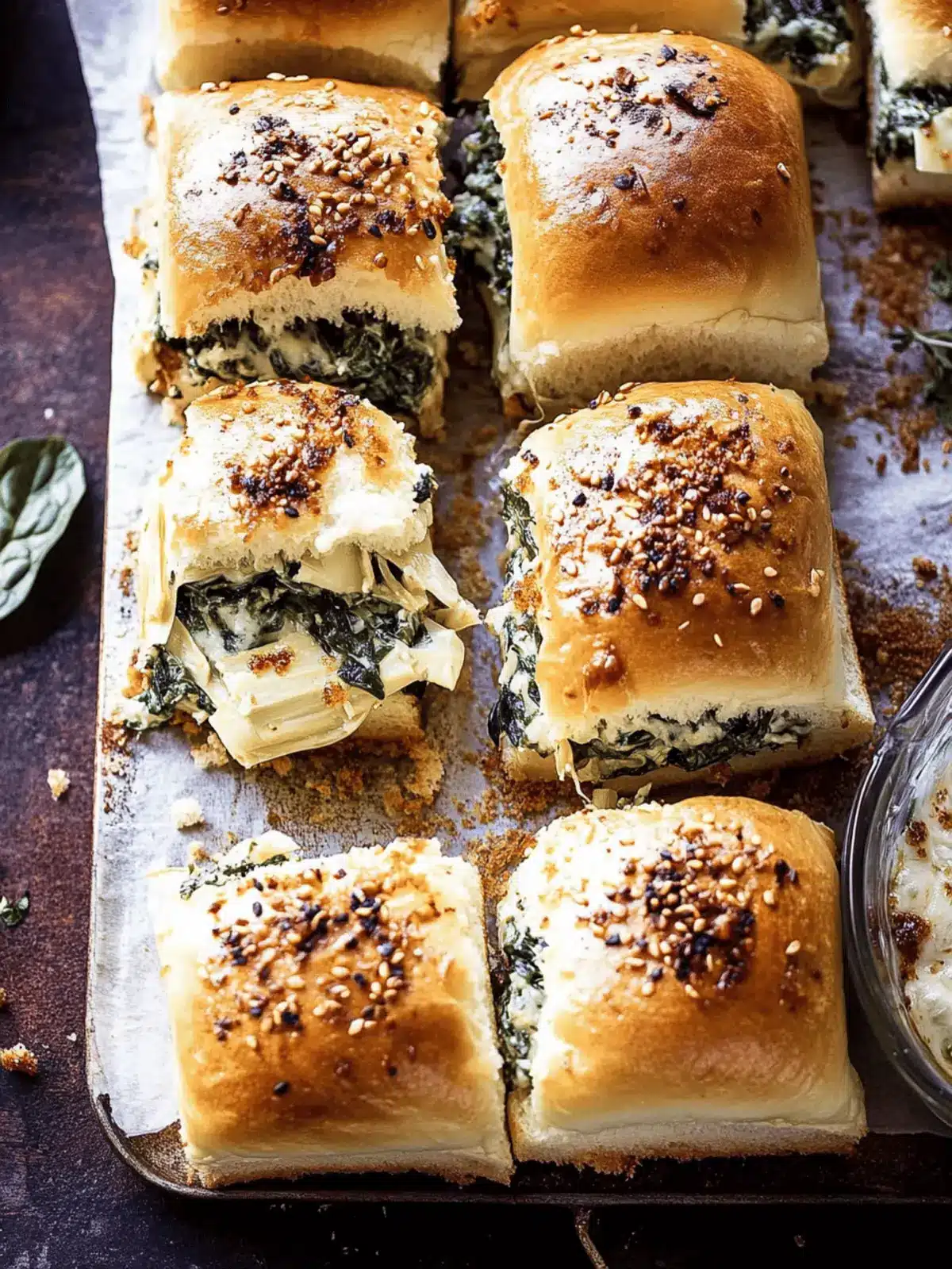 Pull Apart Garlic Butter Spinach and Artichoke Dip Sliders