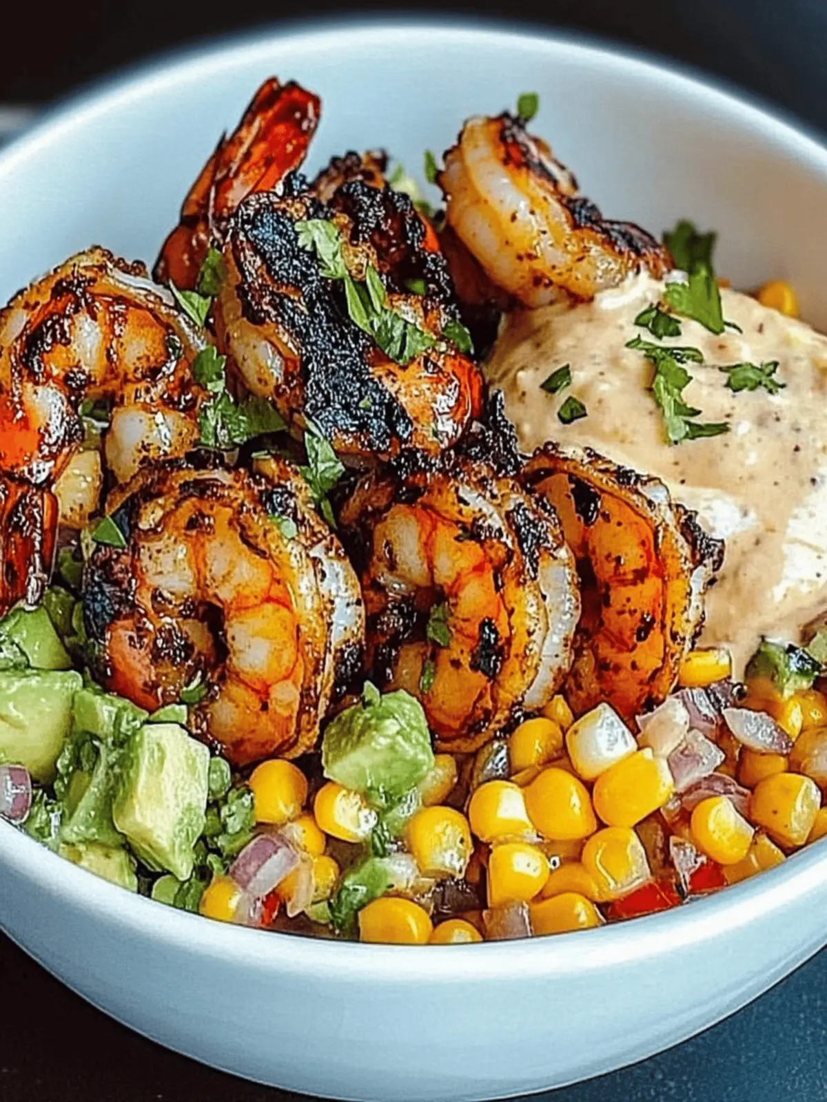 Grilled Shrimp Bowl with Avocado, Corn Salsa & Zesty Sauce 4 Grilled Shrimp Bowl with Avocado, Corn Salsa & Creamy Garlic Sauce