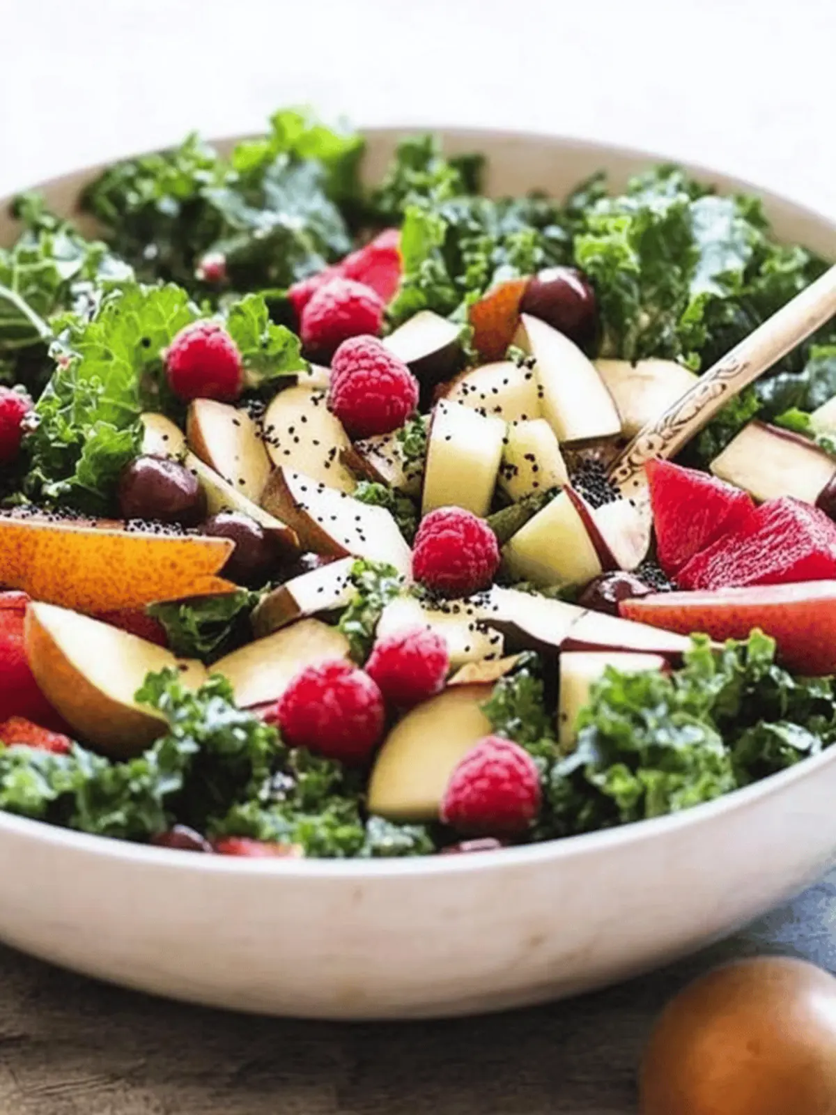 Kale and Fall Fruit Salad with Cider Poppy Seed Dressing