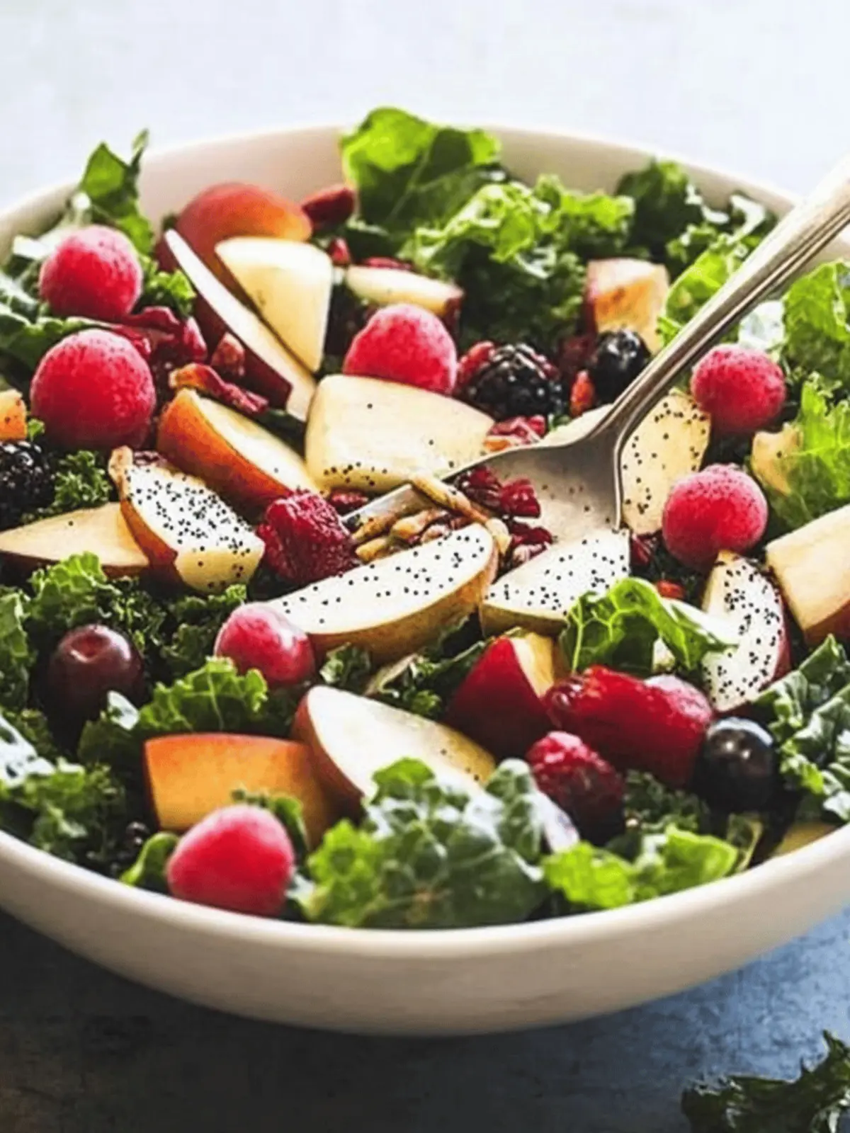 Kale and Fall Fruit Salad with Cider Poppy Seed Dressing