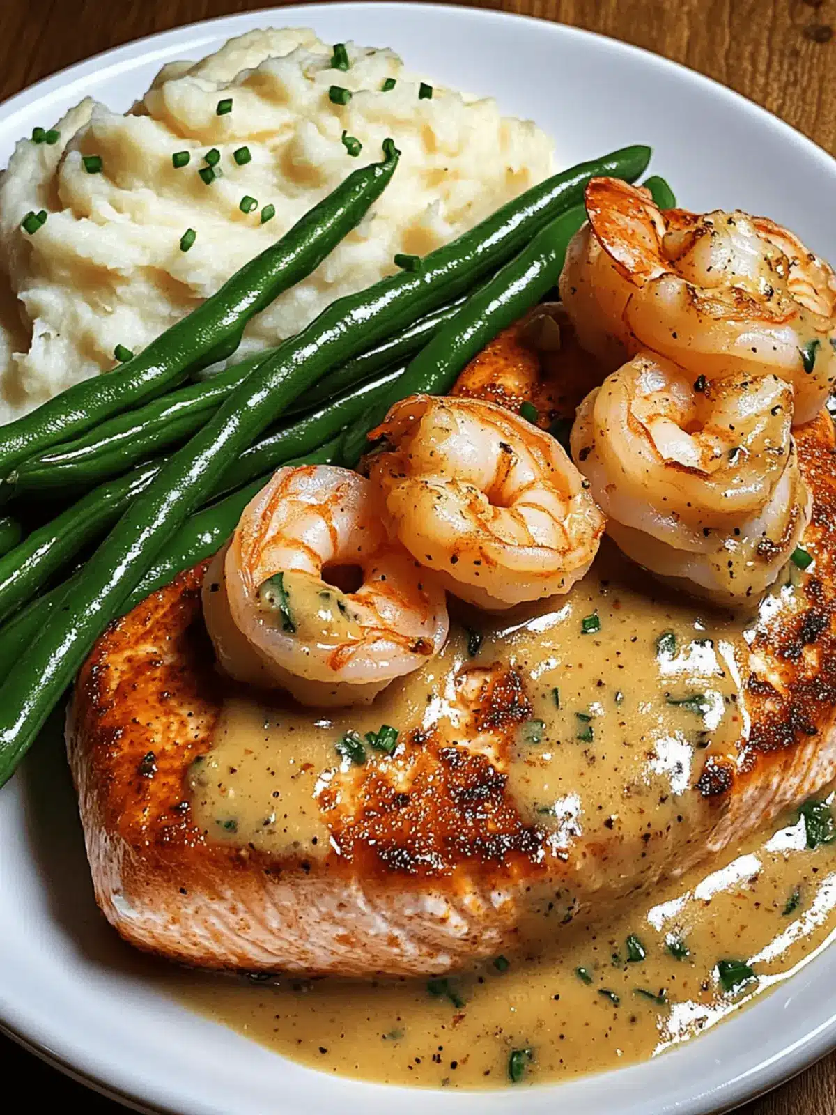 Cajun Shrimp and Salmon with Garlic Cream Sauce for Dinner Bliss 3 Cajun Shrimp and Salmon with Garlic Cream Sauce, Mashed Potatoes, and Green Beans