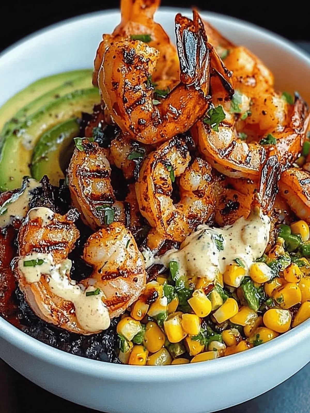 Grilled Shrimp Bowl with Avocado, Corn Salsa & Zesty Sauce 2 Grilled Shrimp Bowl with Avocado, Corn Salsa & Creamy Garlic Sauce