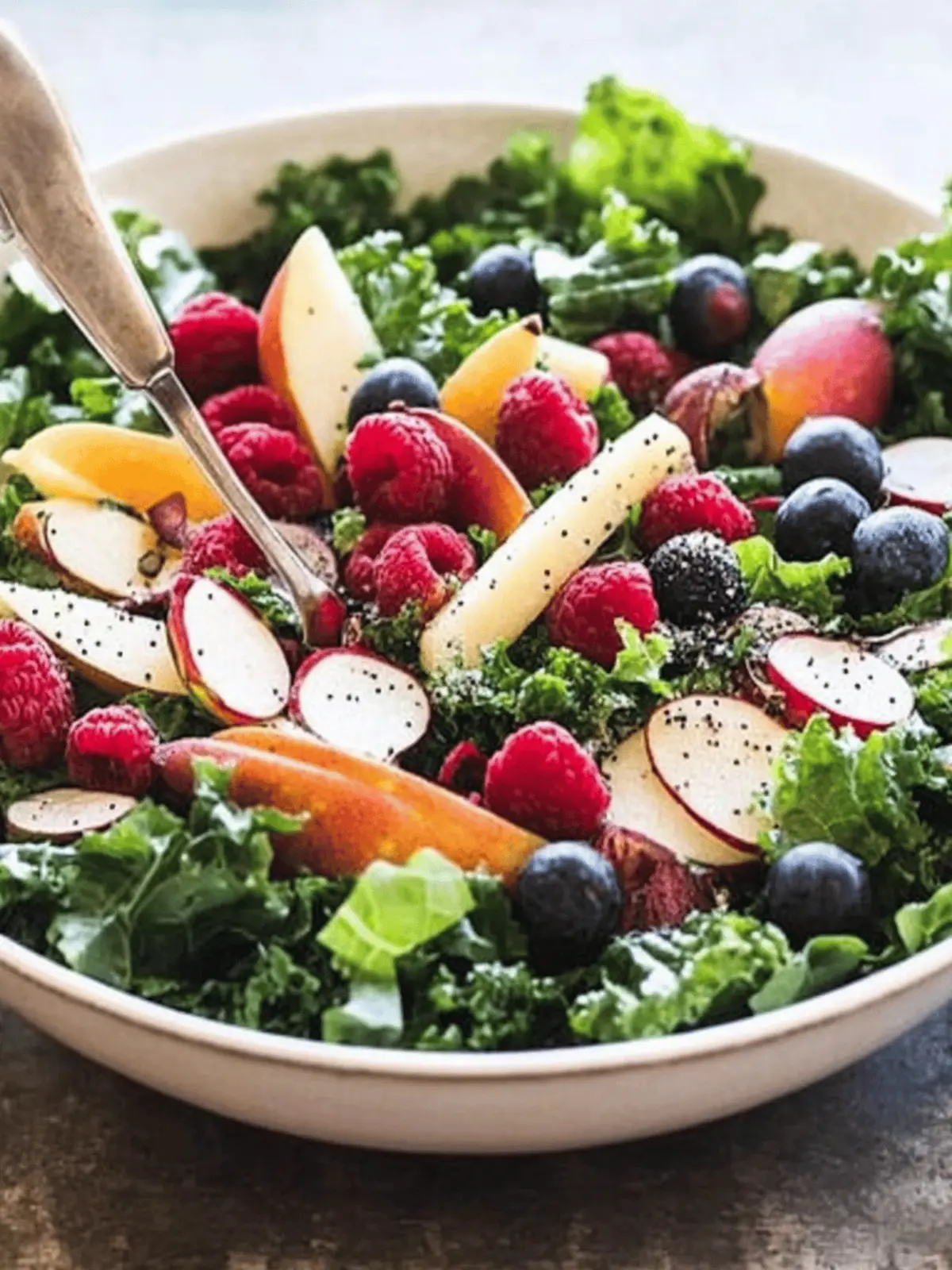 Kale and Fall Fruit Salad with Cider Poppy Seed Dressing