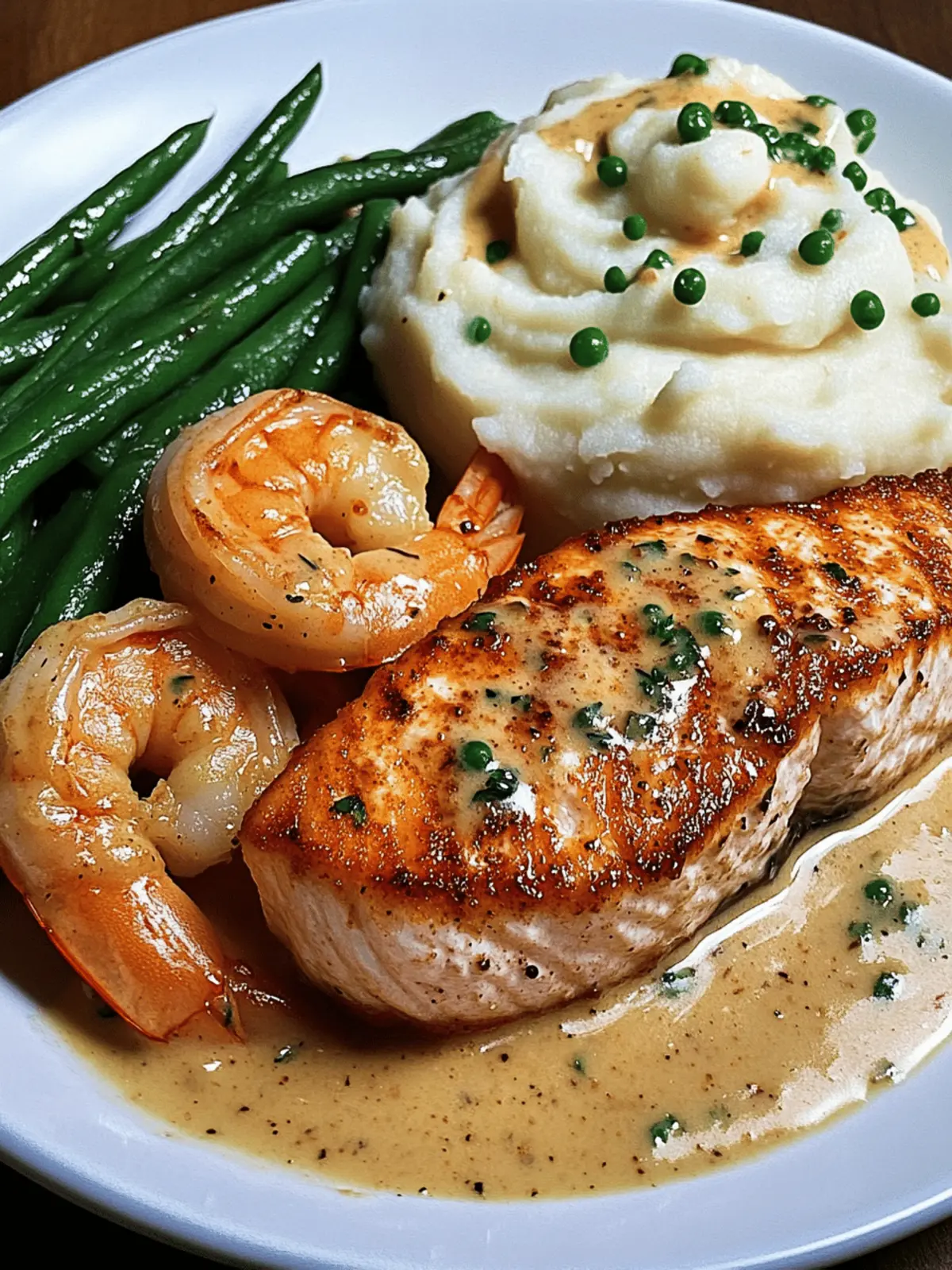 Cajun Shrimp and Salmon with Garlic Cream Sauce for Dinner Bliss 4 Cajun Shrimp and Salmon with Garlic Cream Sauce, Mashed Potatoes, and Green Beans