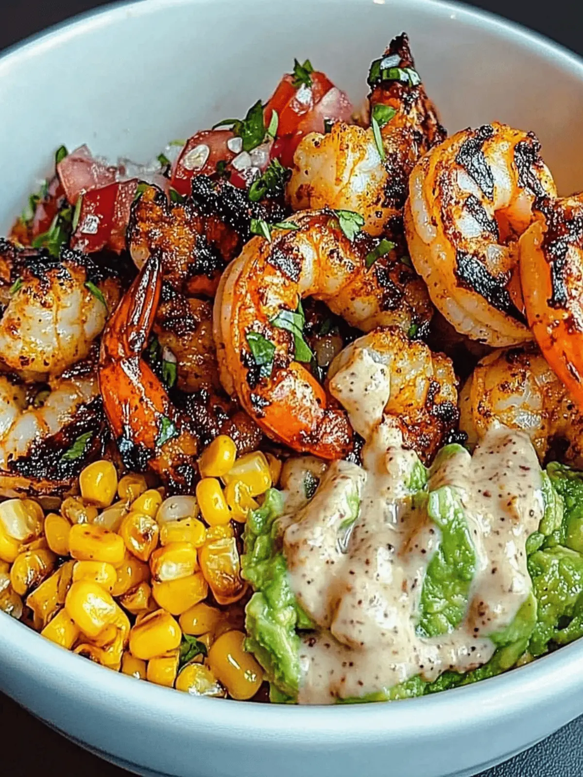 Grilled Shrimp Bowl with Avocado, Corn Salsa & Zesty Sauce 3 Grilled Shrimp Bowl with Avocado, Corn Salsa & Creamy Garlic Sauce