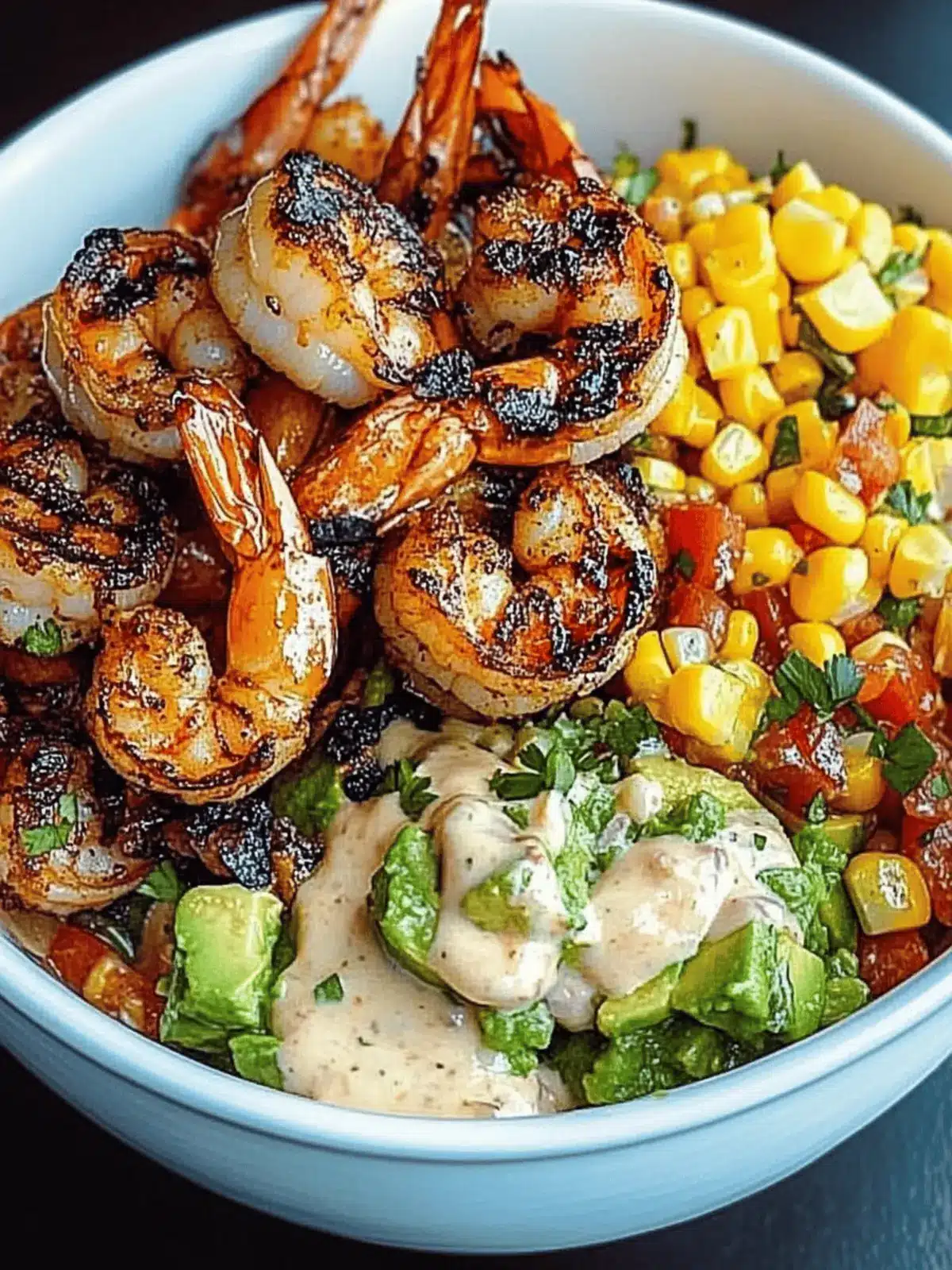 Grilled Shrimp Bowl with Avocado, Corn Salsa & Zesty Sauce 5 Grilled Shrimp Bowl with Avocado, Corn Salsa & Creamy Garlic Sauce