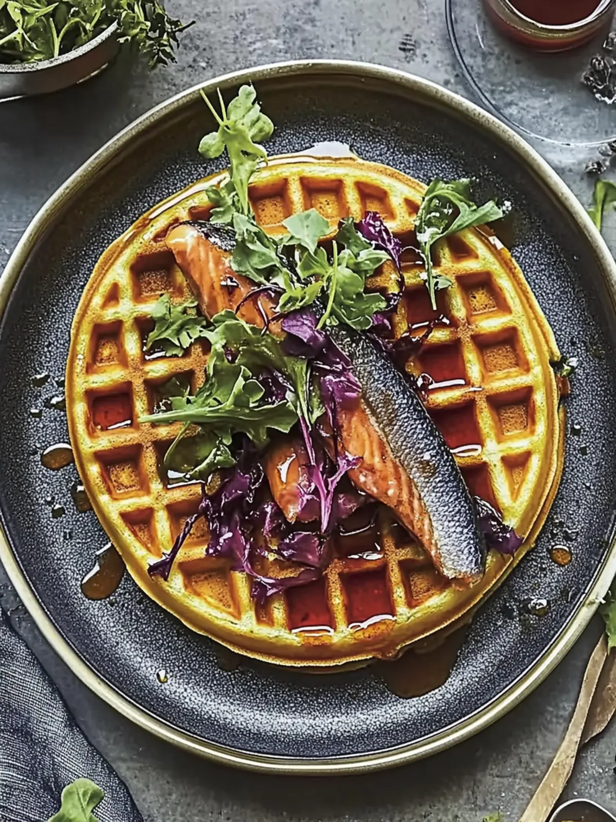 Savory Collard Waffles with Brined Trout & Maple Hot Sauce Delight 2 Collard Waffles with Brined Trout and Maple Hot Sauce