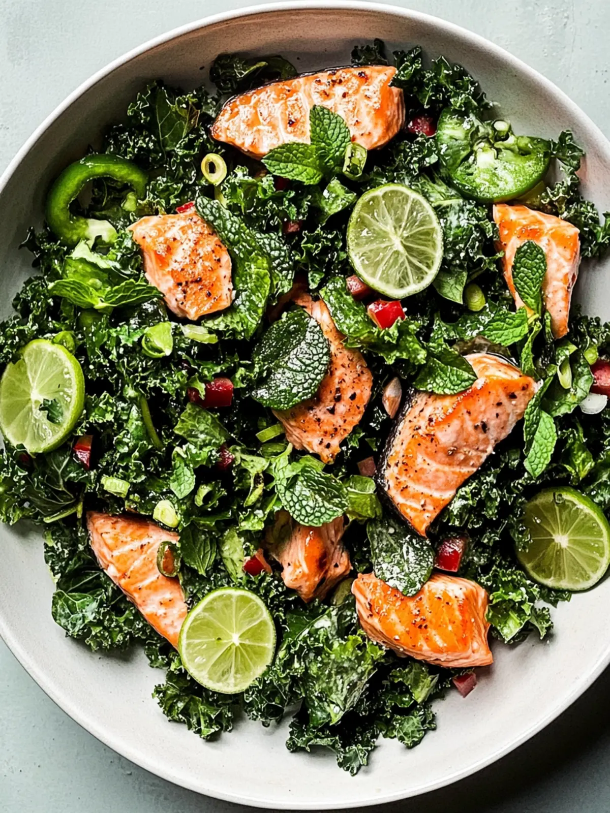 Serrano Mint Kale Salad with Salmon for a Fresh Flavor Boost 2 Serrano Mint Kale Salad with Salmon