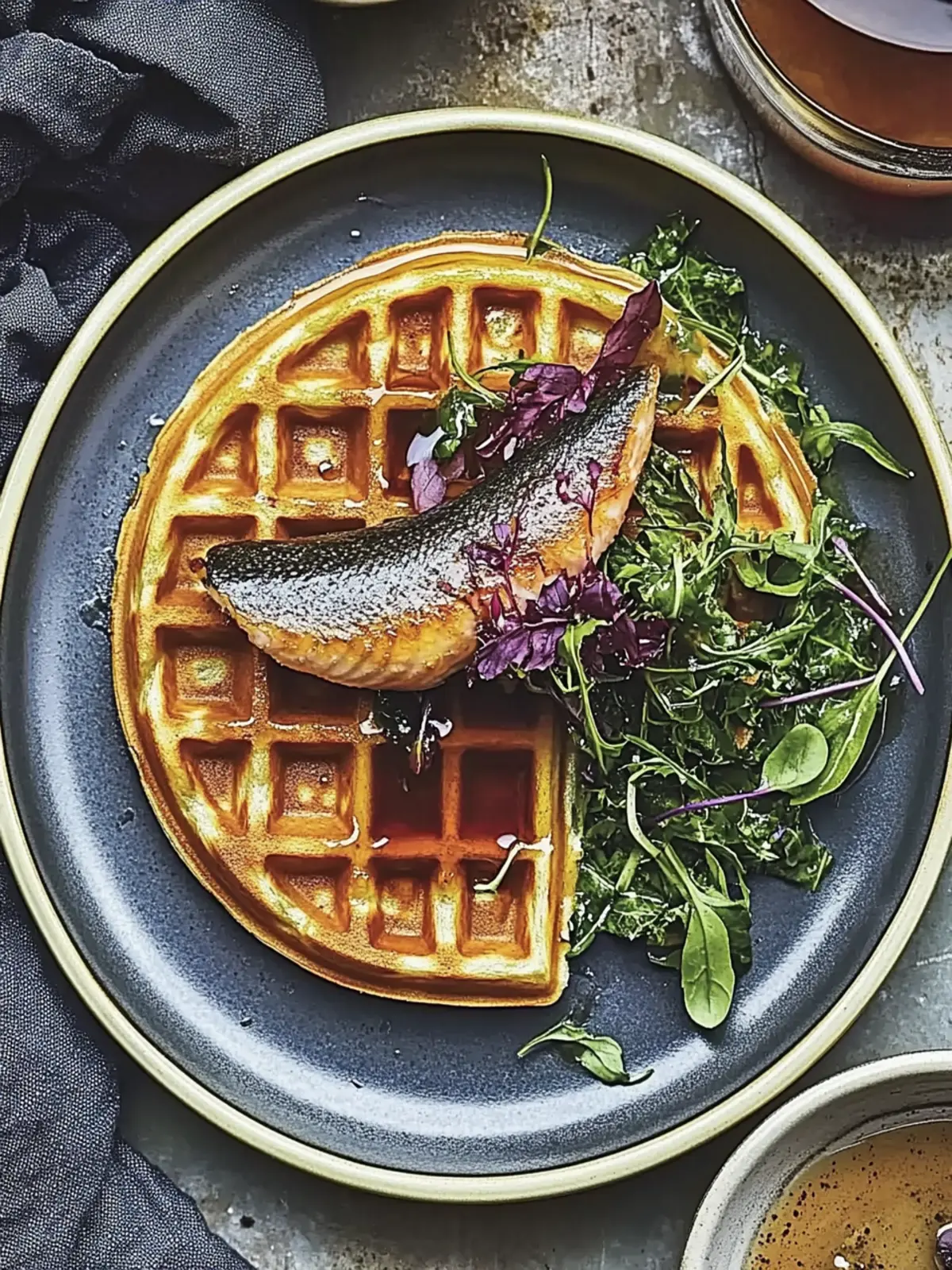 Savory Collard Waffles with Brined Trout & Maple Hot Sauce Delight 4 Collard Waffles with Brined Trout and Maple Hot Sauce