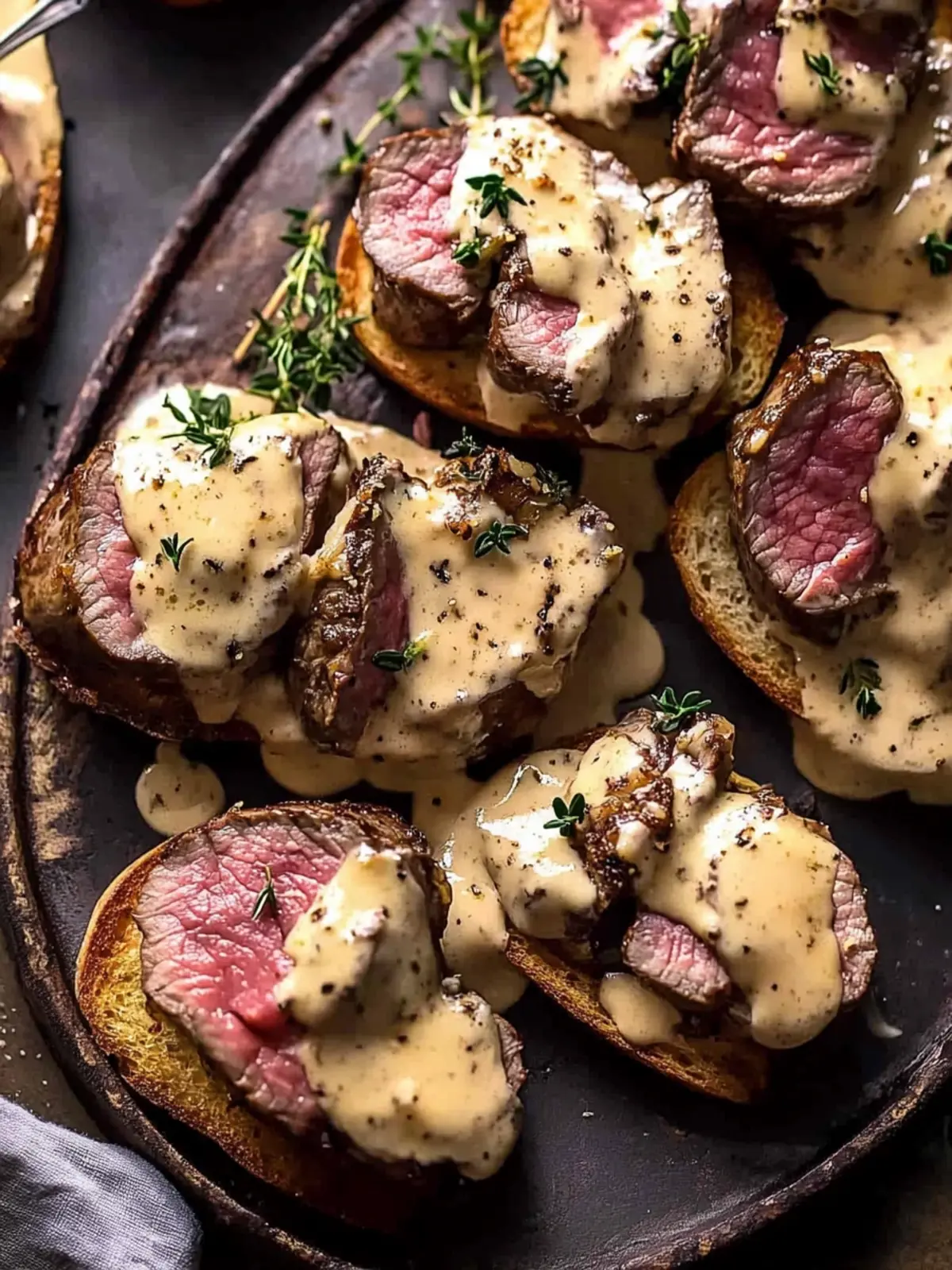 Beef Tenderloin Crostini with Heavenly Parmesan Wine Cream Sauce 2 Beef Tenderloin Crostini with Parmesan Wine Cream Sauce