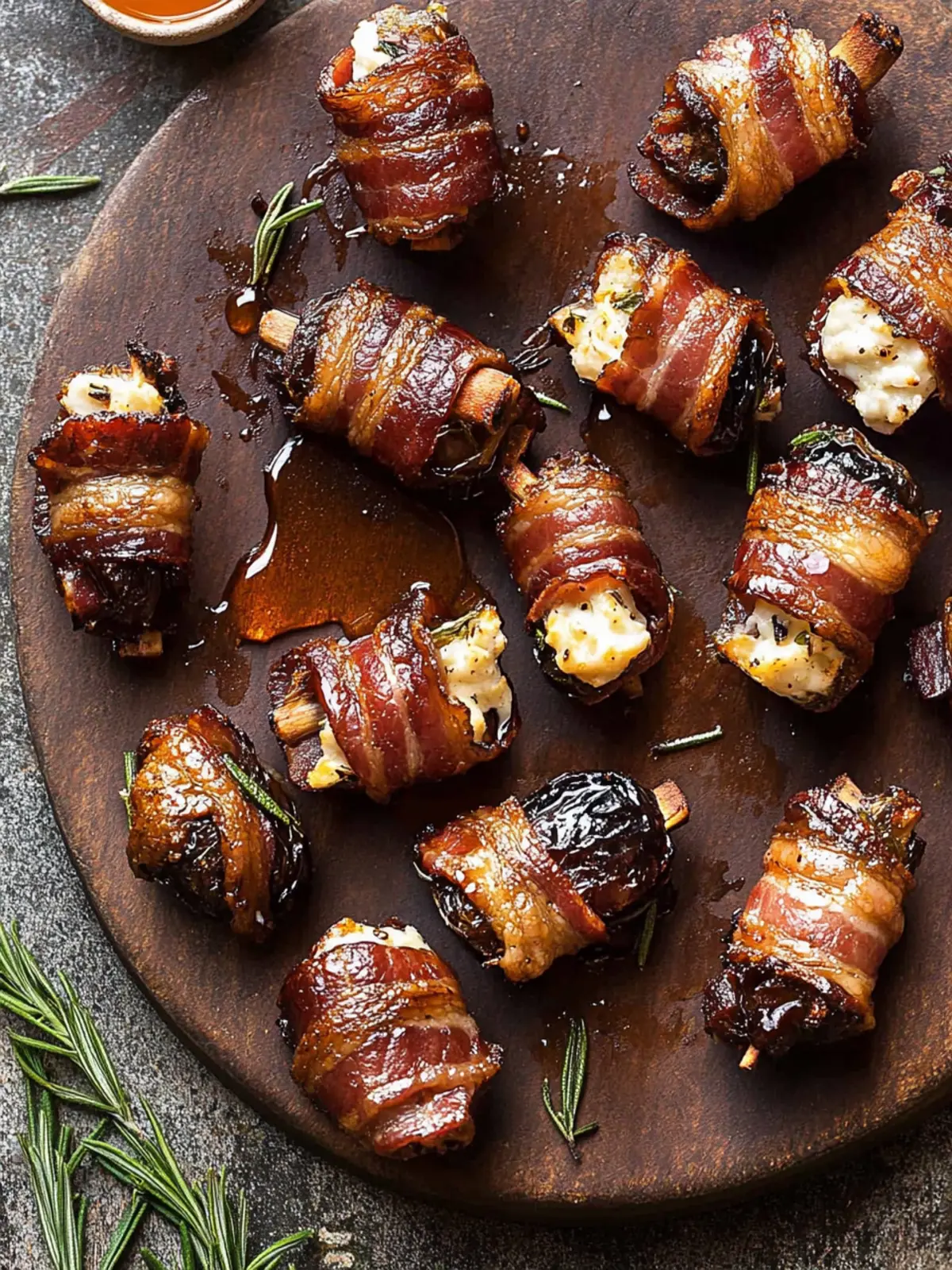 Indulge in Goat Cheese Stuffed Bacon Wrapped Dates with Rosemary Honey 4 Goat Cheese Stuffed Bacon Wrapped Dates with Rosemary Honey