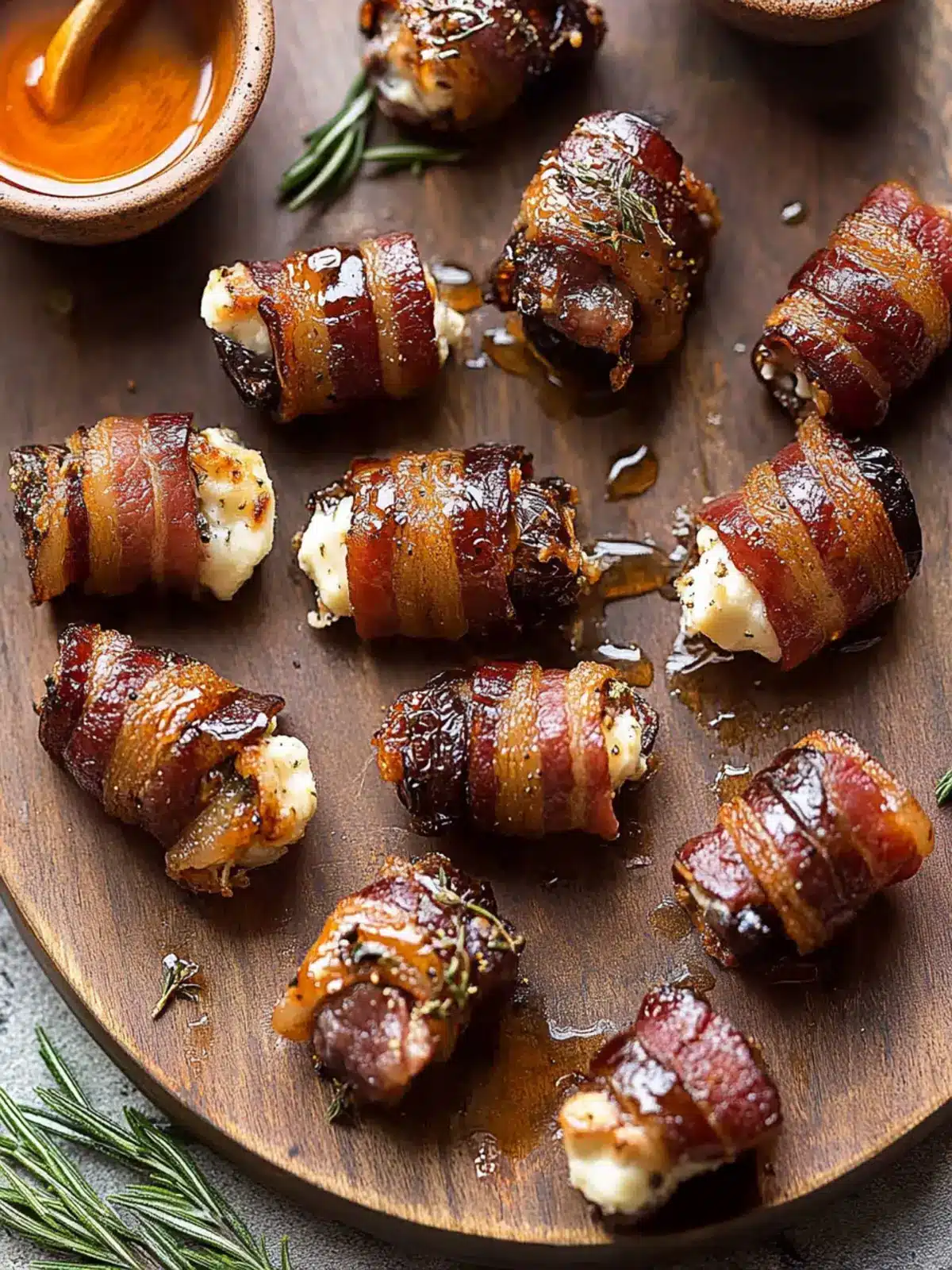 Indulge in Goat Cheese Stuffed Bacon Wrapped Dates with Rosemary Honey 5 Goat Cheese Stuffed Bacon Wrapped Dates with Rosemary Honey