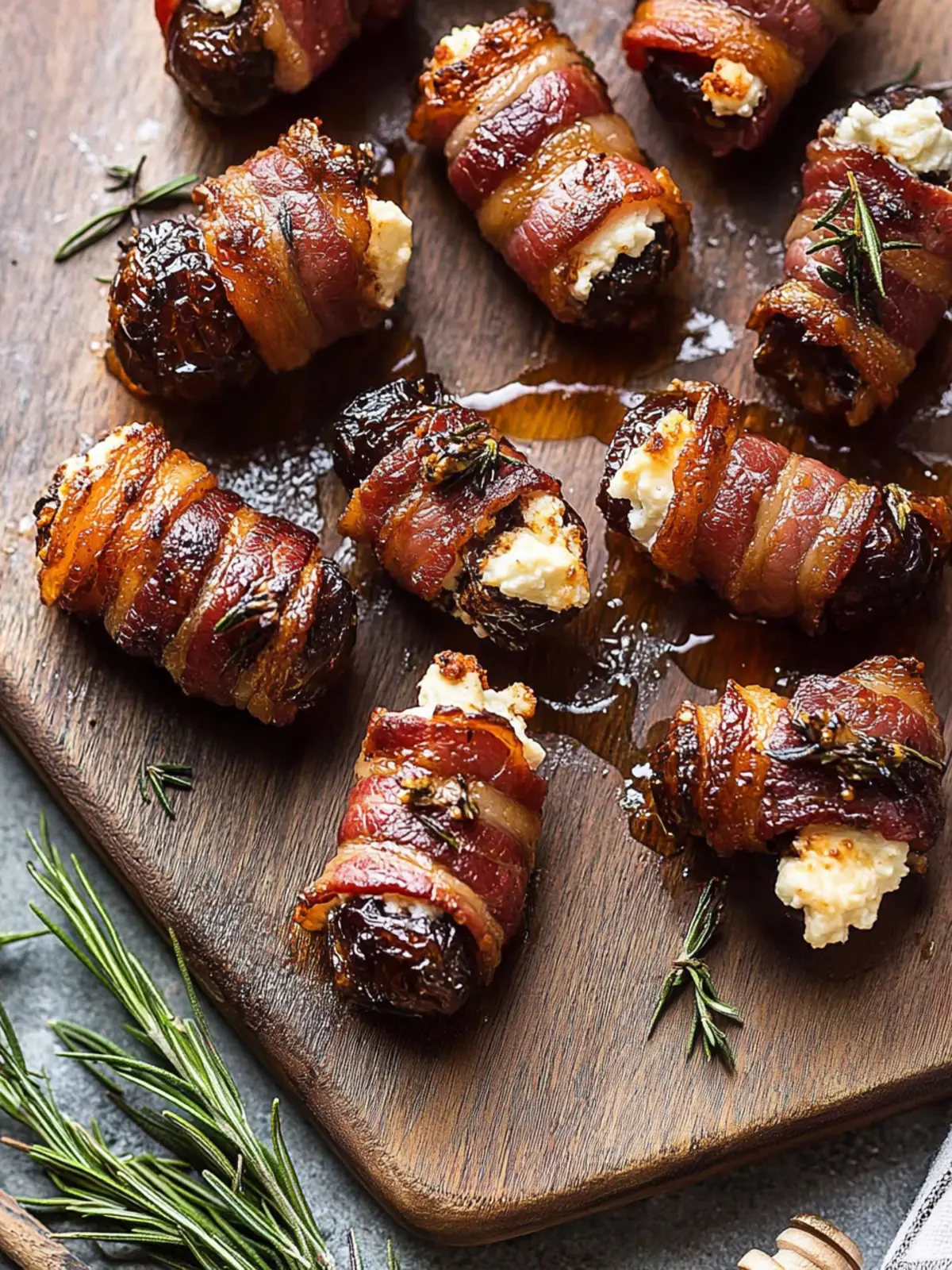 Indulge in Goat Cheese Stuffed Bacon Wrapped Dates with Rosemary Honey 3 Goat Cheese Stuffed Bacon Wrapped Dates with Rosemary Honey