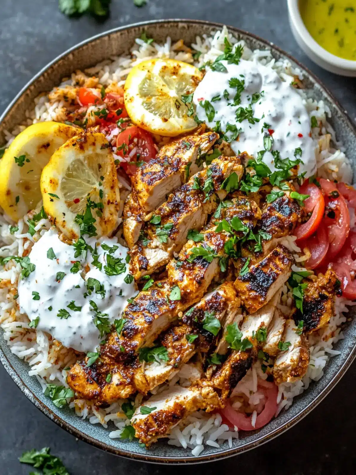 Savory Chicken Shawarma And Rice with Garlic Cream Sauce 5 Chicken Shawarma And Rice