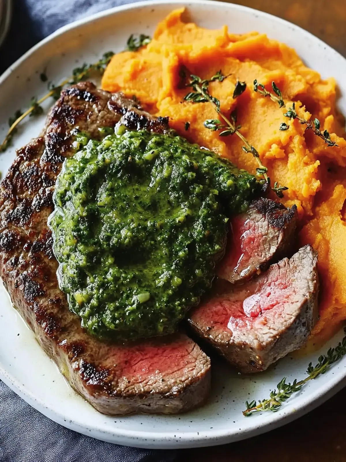 Steak with Green Sauce and Creamy Sweet Potatoes Delight 4 Steak with Green Sauce and Mashed Sweet Potatoes