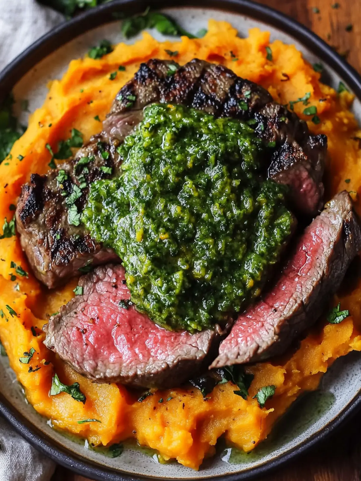 Steak with Green Sauce and Creamy Sweet Potatoes Delight 2 Steak with Green Sauce and Mashed Sweet Potatoes