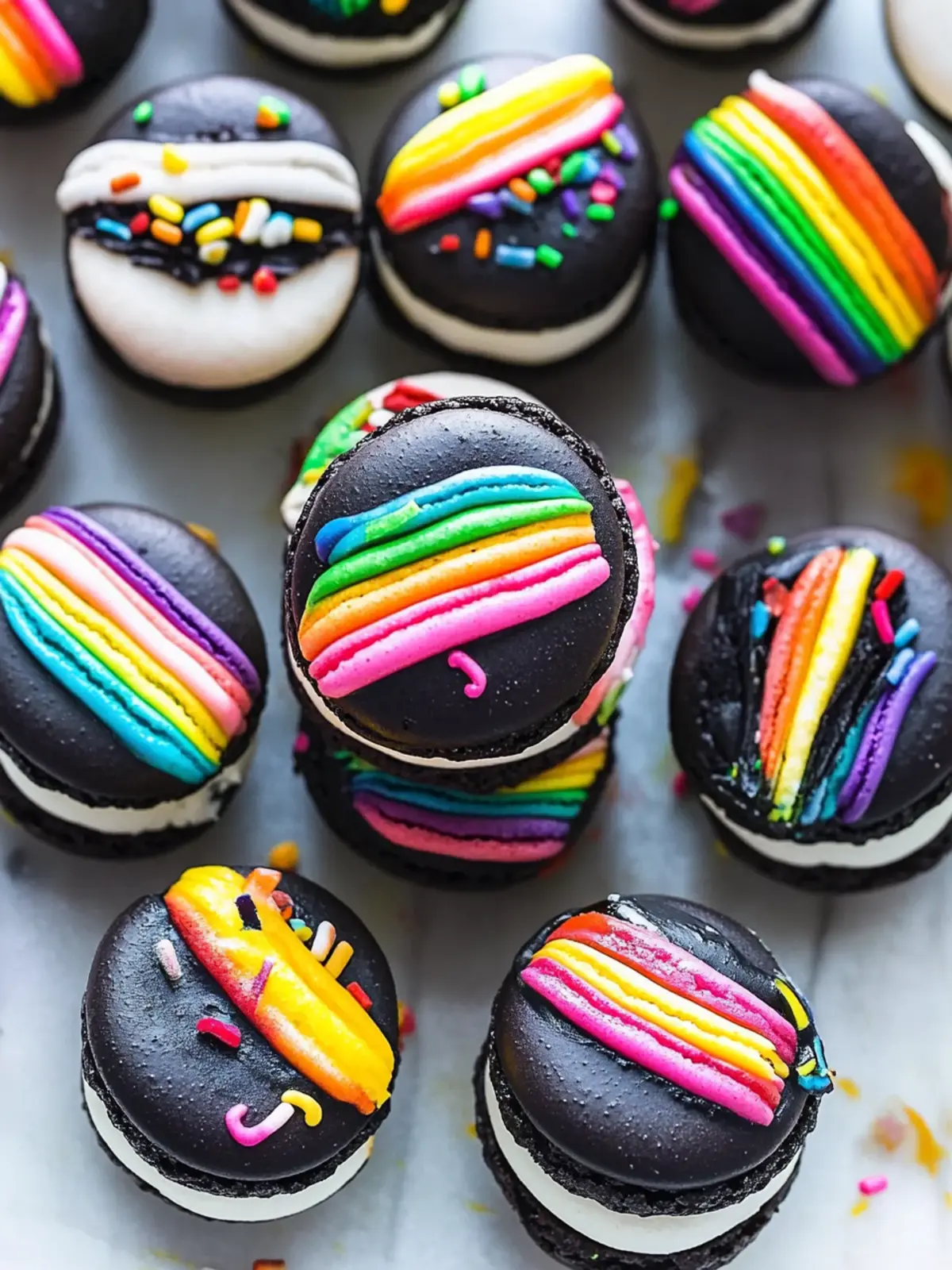 Rainbow Drizzled Black and White Macarons to Brighten Your Day 3 Black and White Macarons with Rainbow Drizzle