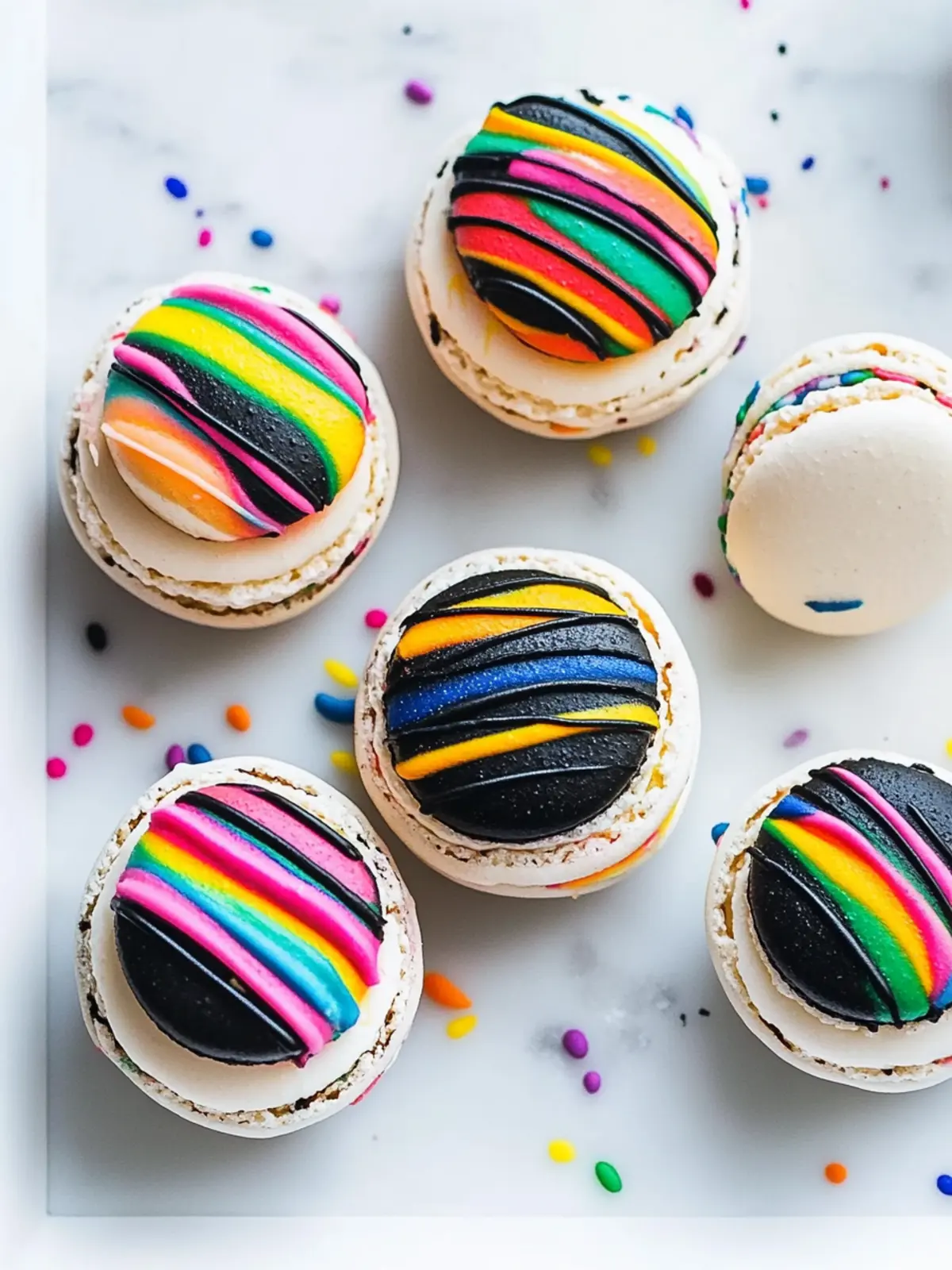 Rainbow Drizzled Black and White Macarons to Brighten Your Day 5 Black and White Macarons with Rainbow Drizzle