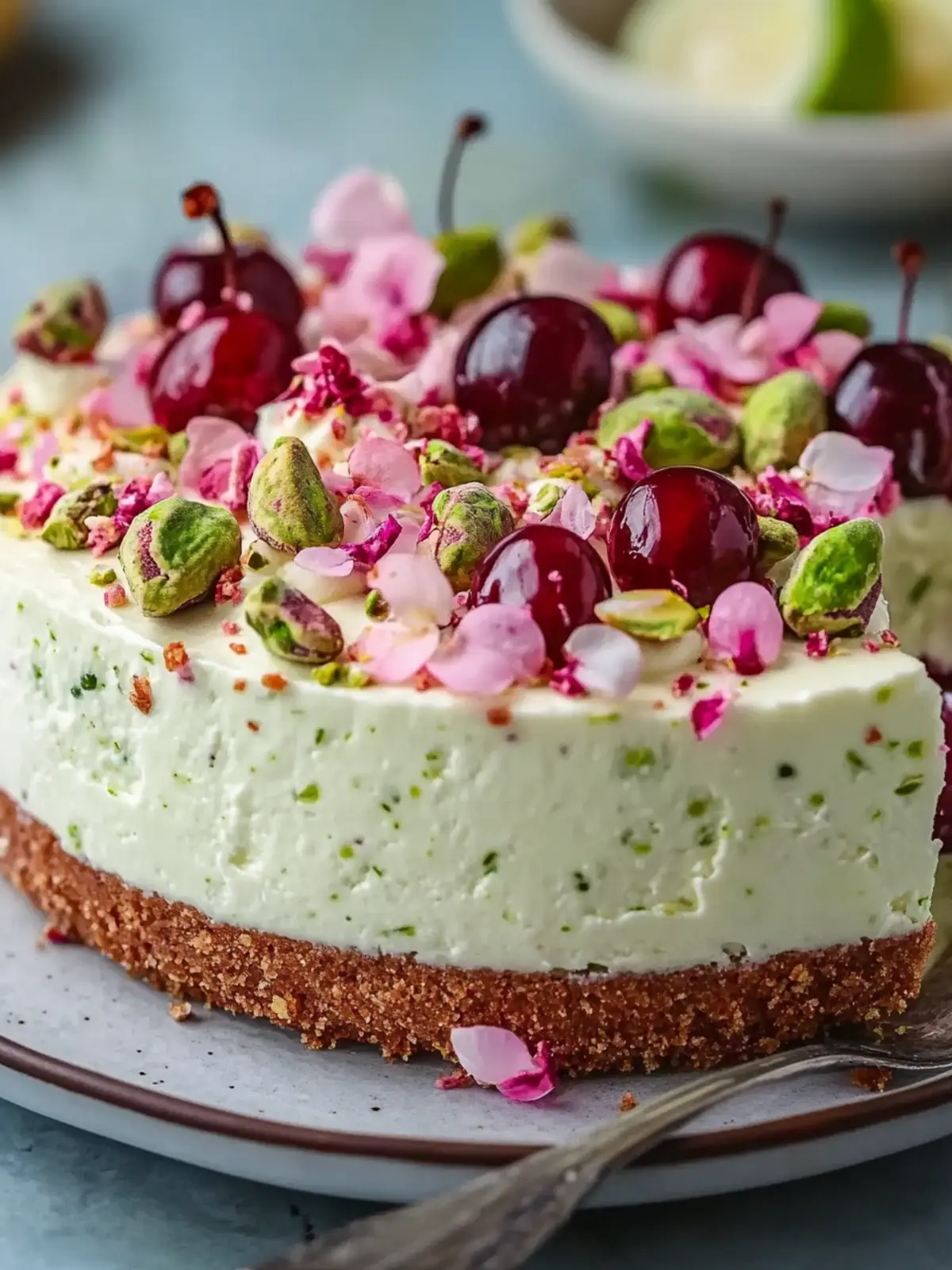 Zesty Lemon-Lime Cherry Pistachio Cheesecake Delight 2 Lemon-Lime Cherry Pistachio Cheesecake