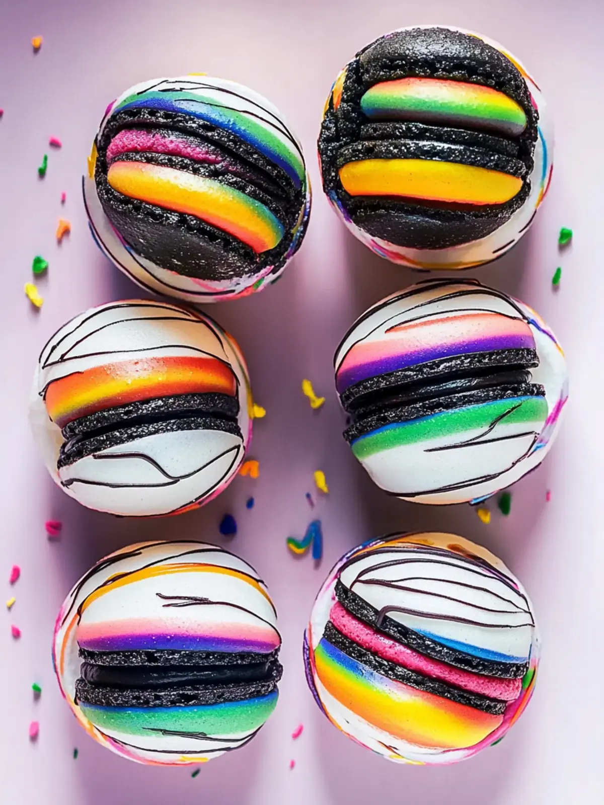 Rainbow Drizzled Black and White Macarons to Brighten Your Day 4 Black and White Macarons with Rainbow Drizzle