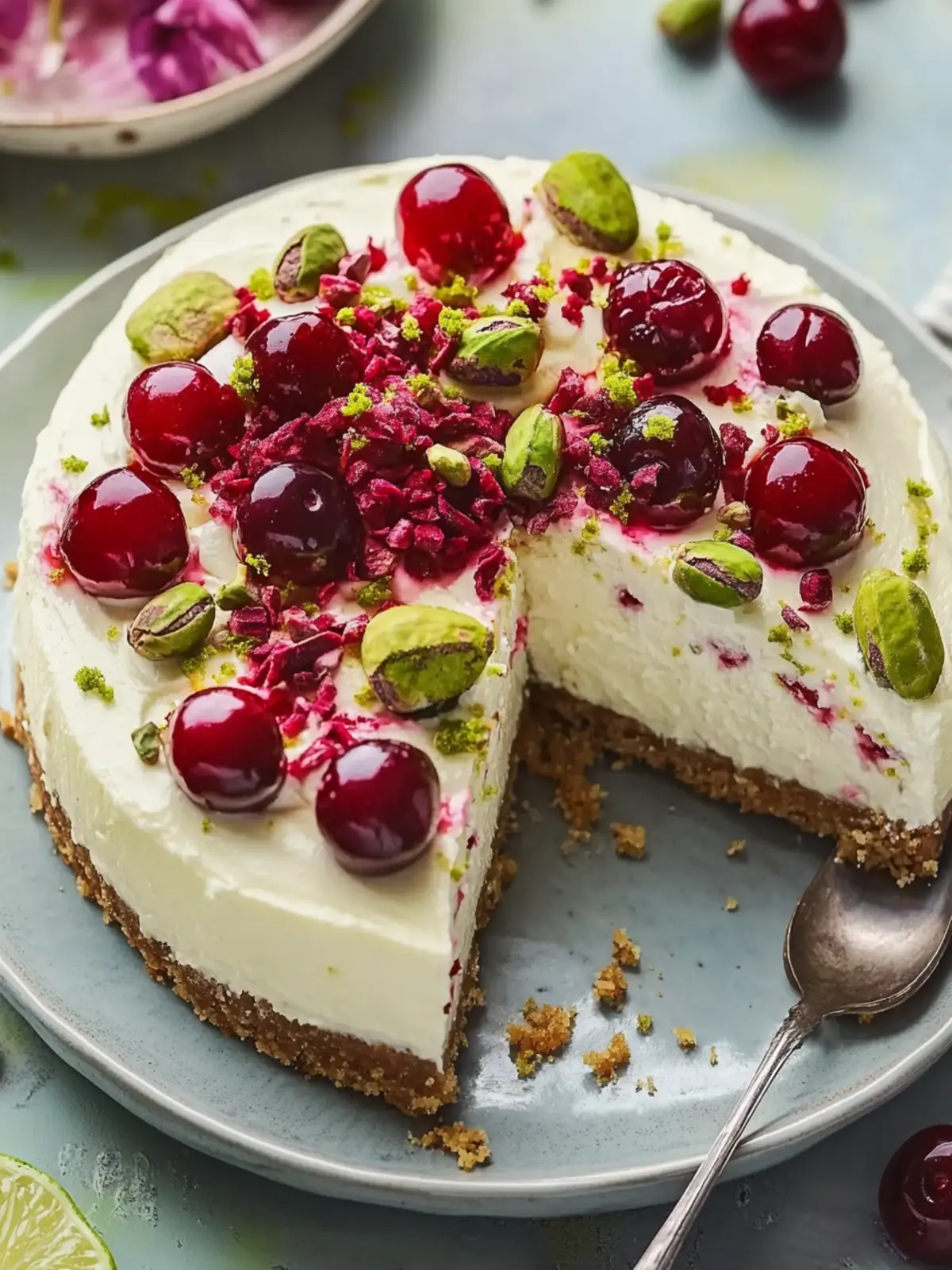 Zesty Lemon-Lime Cherry Pistachio Cheesecake Delight 4 Lemon-Lime Cherry Pistachio Cheesecake