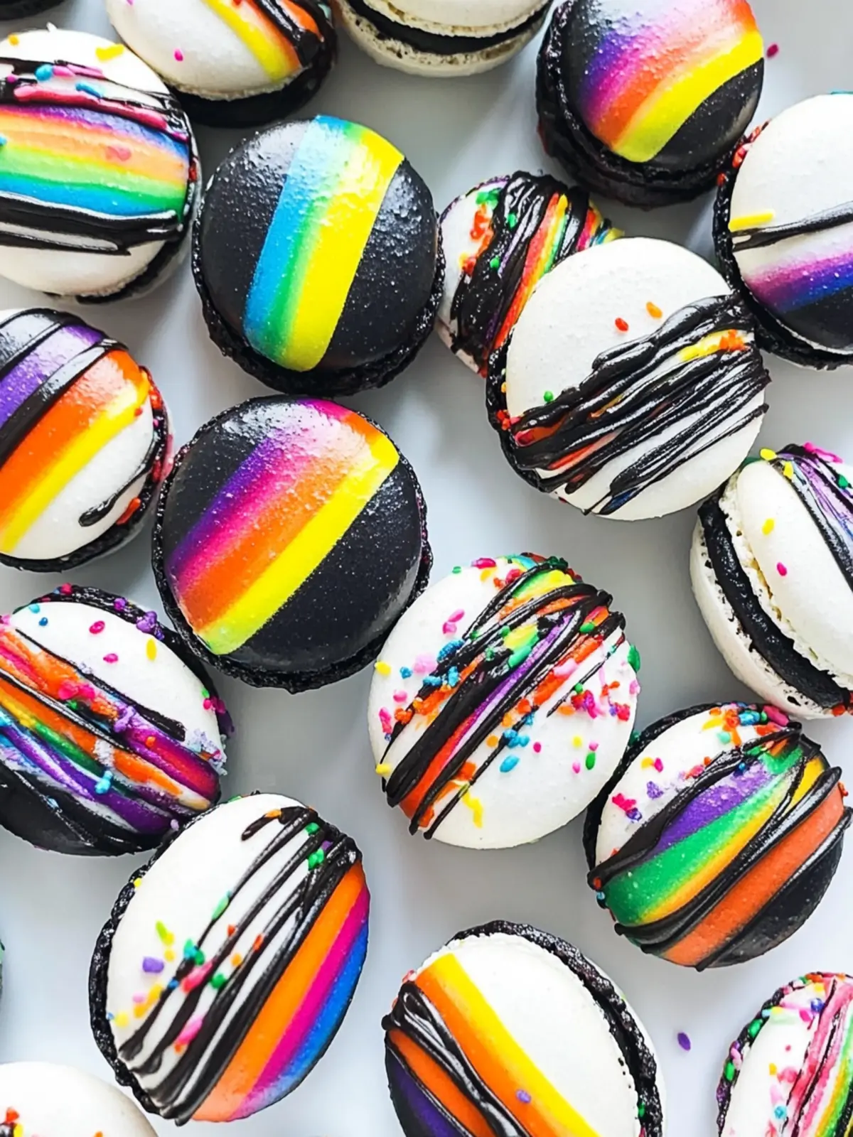 Rainbow Drizzled Black and White Macarons to Brighten Your Day 2 Black and White Macarons with Rainbow Drizzle