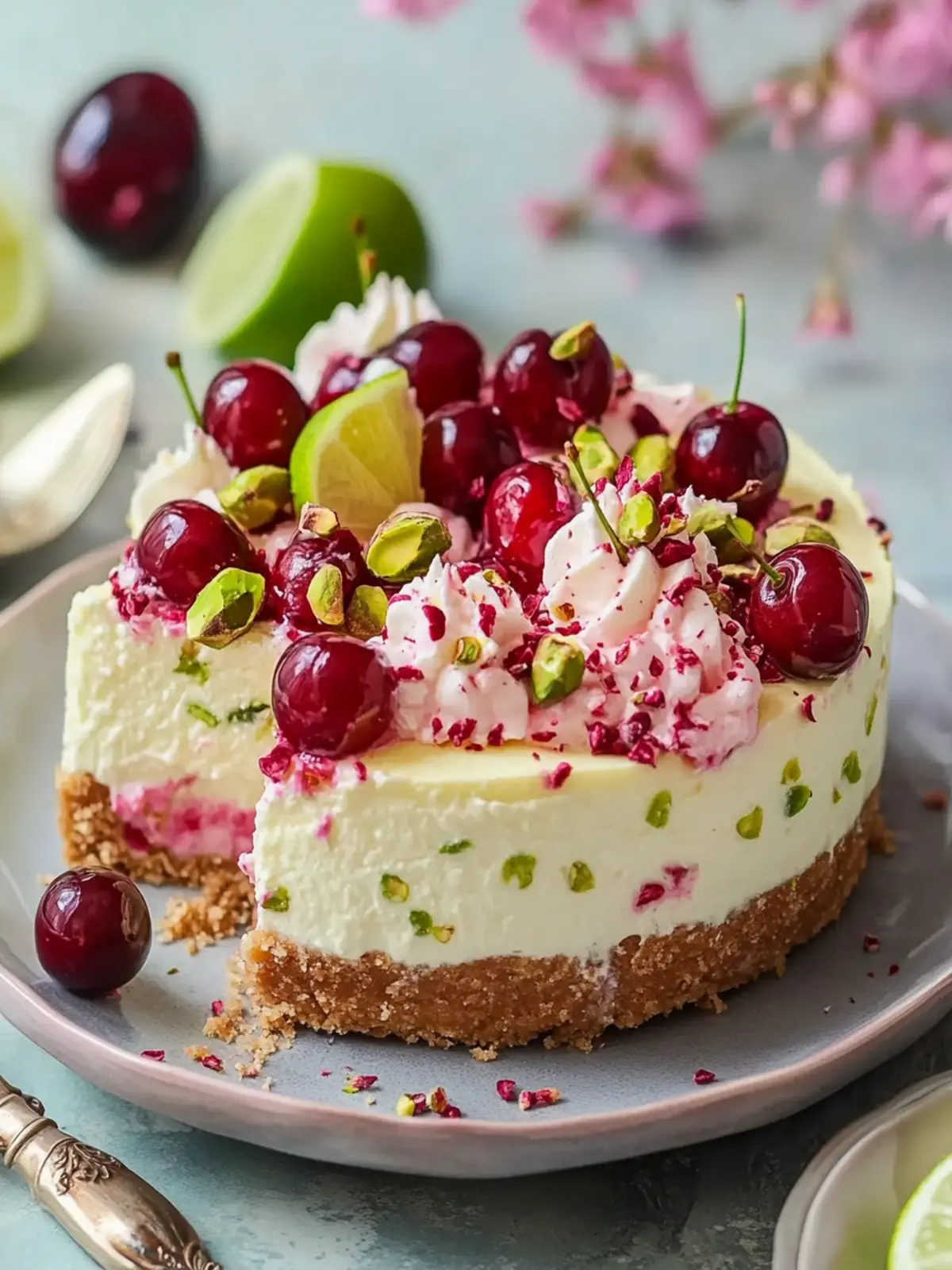 Zesty Lemon-Lime Cherry Pistachio Cheesecake Delight 3 Lemon-Lime Cherry Pistachio Cheesecake